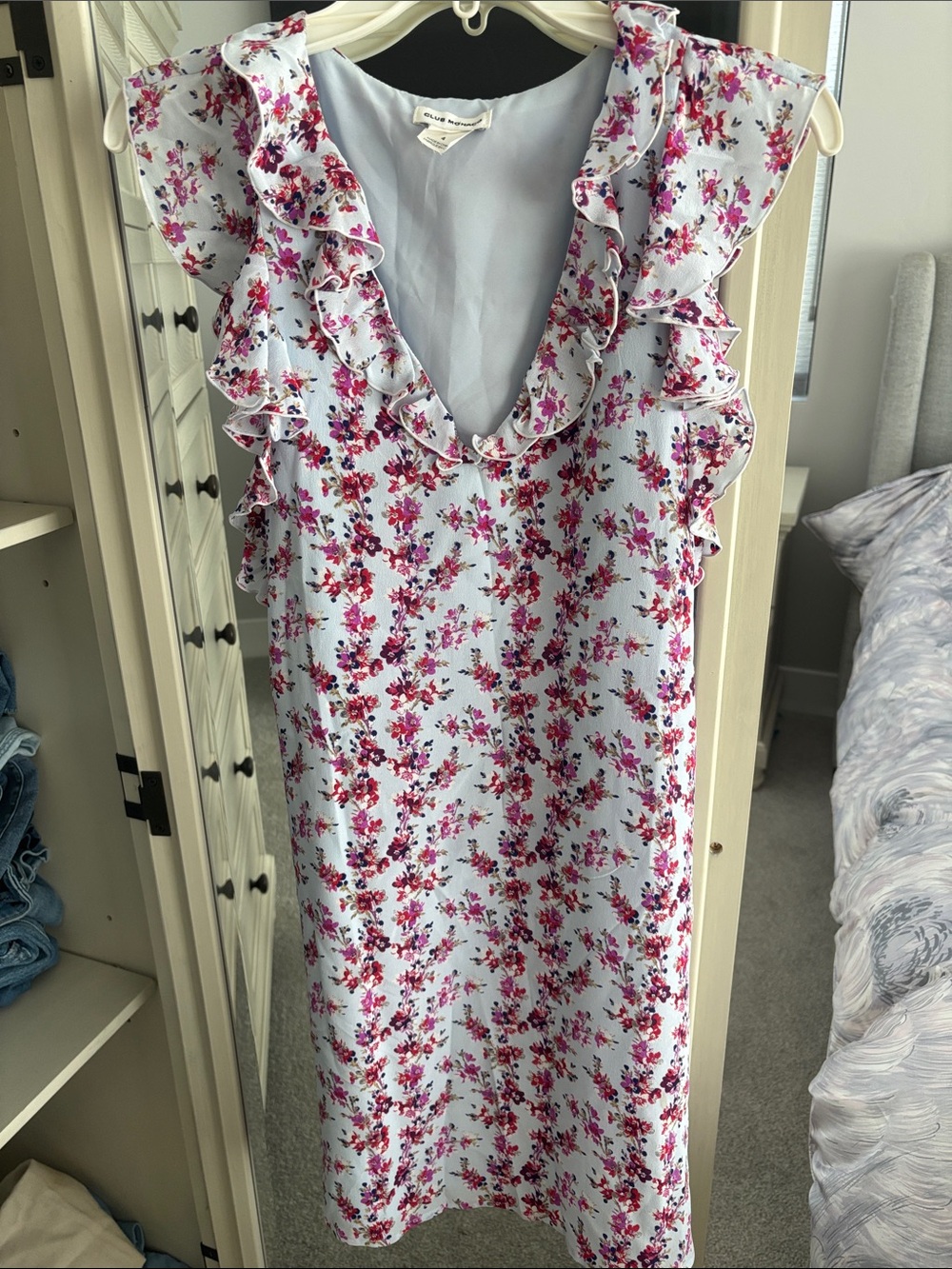 Floral Ruffle V-Neck Dress in Light Blue and Pink